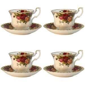 Royal Albert Old Country Roses Teacup & Saucer Set of 4 Floral Gold Bone China